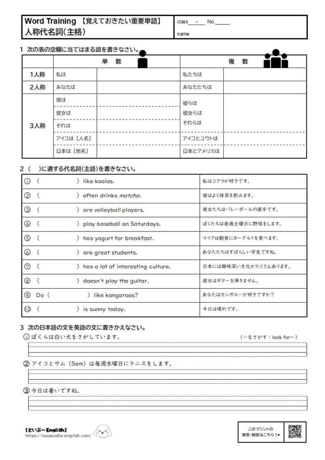【中学英語】代名詞（主格）の無料プリント
