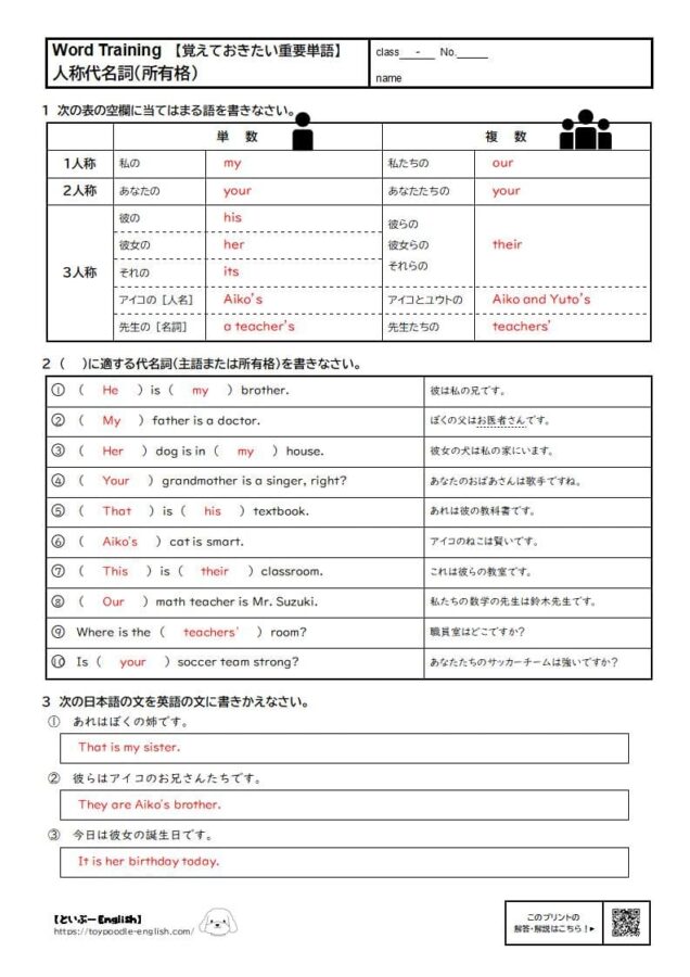 【中学英語】代名詞（所有格）の無料プリント