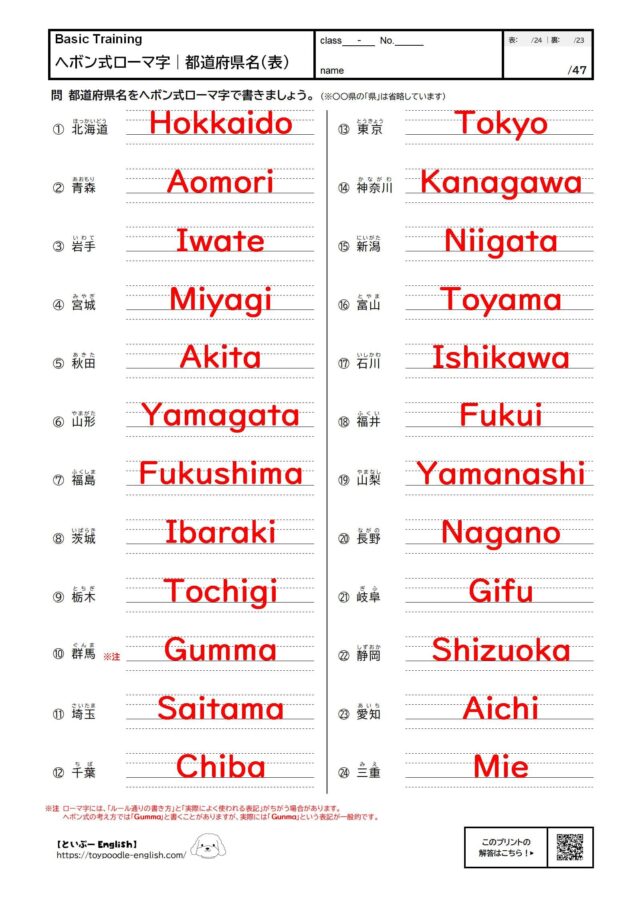 【無料プリント】ヘボン式ローマ字|都道府県名